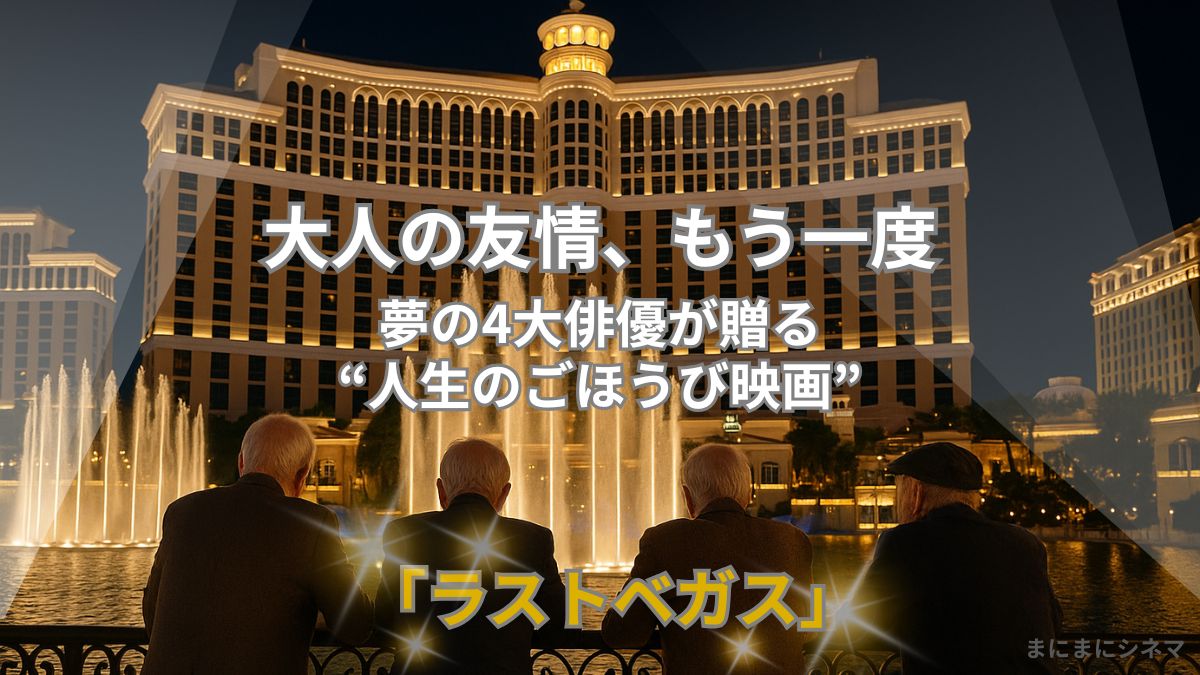 夜のラスベガス、噴水越しに豪華ホテルを眺める4人のシニア男性の後ろ姿。映画『ラストベガス』をイメージしたAI生成オリジナル画像。