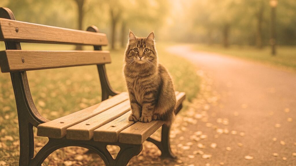 秋の公園のベンチに座り、こちらを見つめる長毛の茶トラ猫。やわらかな光に包まれた静かな夕暮れの風景。