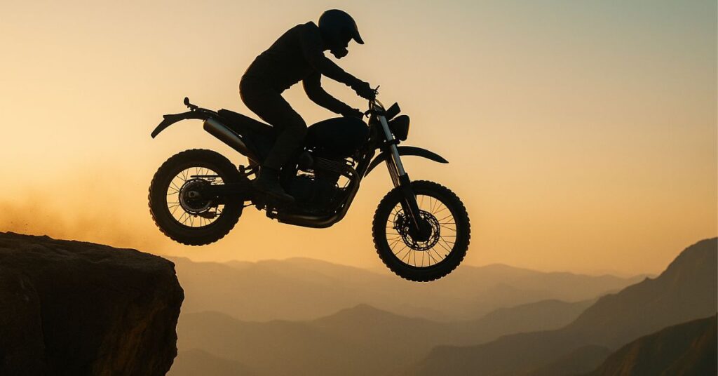 バイクに乗ったスタントマンが崖からジャンプする瞬間を捉えた空中写真。背景には夕焼けの空と断崖絶壁が広がる。