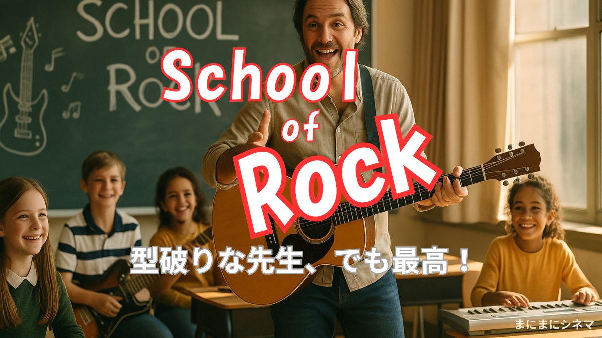 ギターを持った陽気な先生と音楽を楽しむ子どもたちの教室シーン（School of Rock）