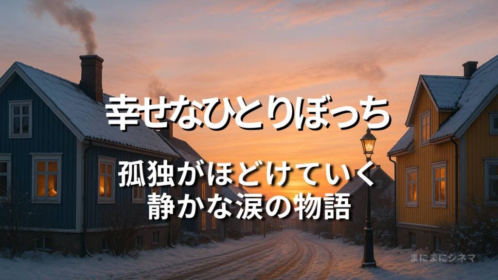 北欧の雪景色に夕日が差す街並みに、映画『幸せなひとりぼっち』のタイトルと「孤独がほどけていく“静かな涙の物語”」というキャッチコピーを重ねたAI生成オリジナル画像
