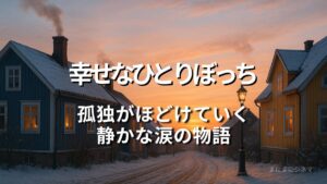 北欧の雪景色に夕日が差す街並みに、映画『幸せなひとりぼっち』のタイトルと「孤独がほどけていく“静かな涙の物語”」というキャッチコピーを重ねたAI生成オリジナル画像