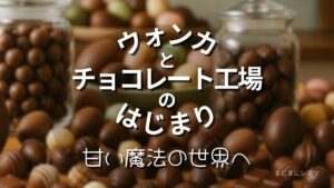 映画『ウォンカとチョコレート工場のはじまり』をイメージしたチョコレートの部屋。ガラス瓶に丸いチョコが詰まり、さまざまな形のチョコが並ぶAI生成のオリジナル画像。