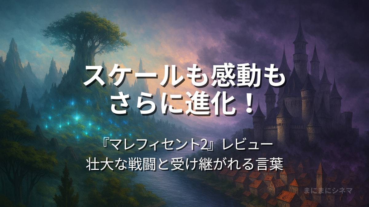 映画『マレフィセント2』レビュー用アイキャッチ画像。幻想的な妖精の国と暗雲に包まれた人間の国が川を隔てて描かれている。AI生成のオリジナル画像