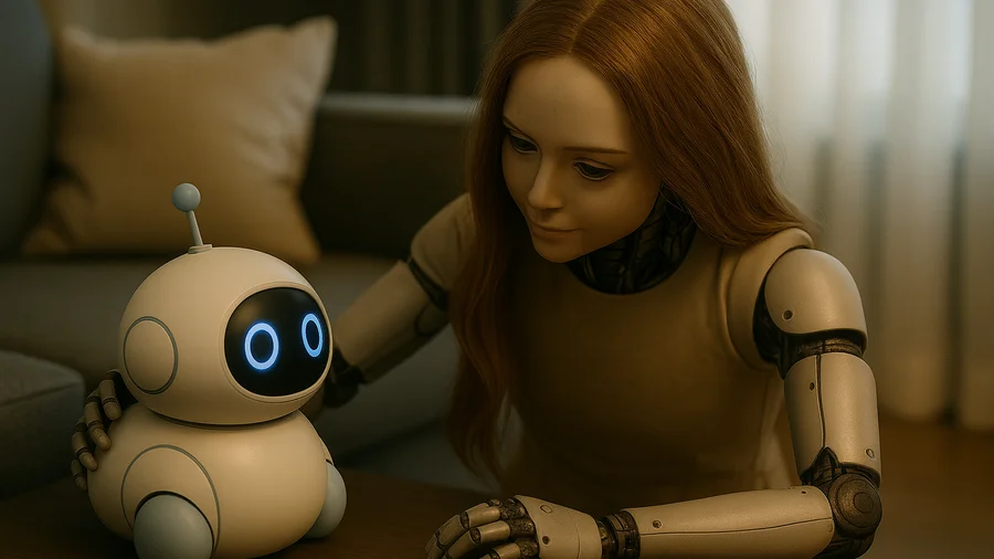 Prime Videoで配信開始された映画『ミーガン2.0』をイメージした女性アンドロイドと小型ロボットのビジュアル(AI生成イメージ)