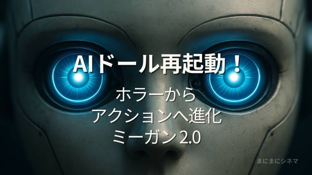 AI生成によるオリジナル画像。再起動するAIロボットの目をクローズアップしたイメージ。映画『ミーガン2.0』レビュー記事用。