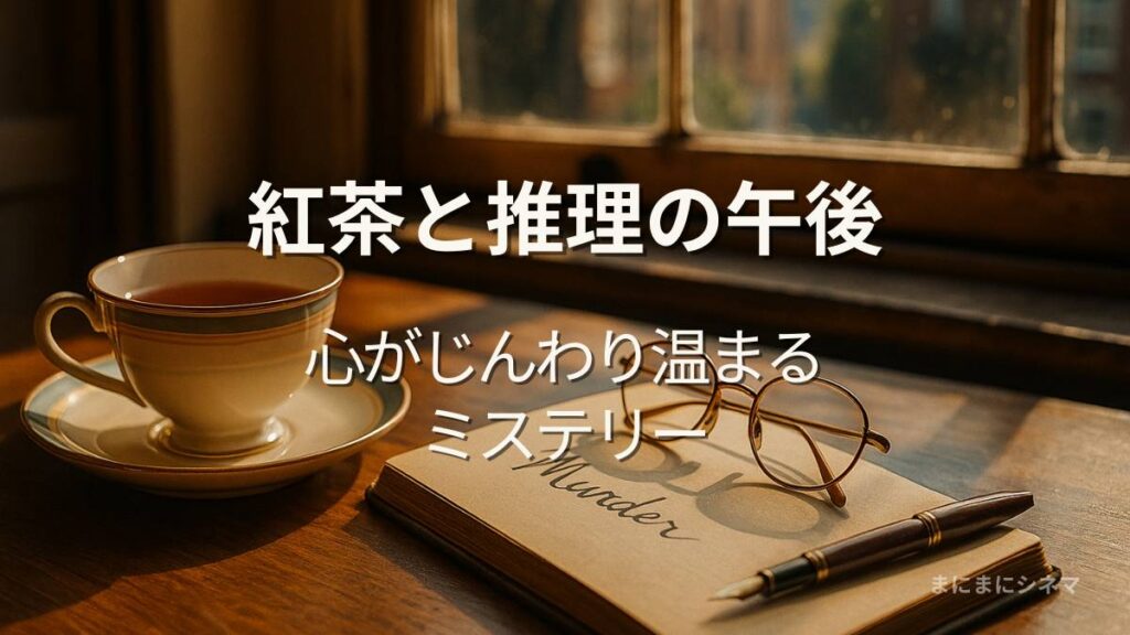 紅茶とノートが置かれた午後の机。映画『木曜殺人クラブ』をイメージした温かな雰囲気のアイキャッチ画像。