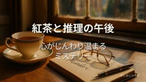 紅茶とノートが置かれた午後の机。映画『木曜殺人クラブ』をイメージした温かな雰囲気のアイキャッチ画像。