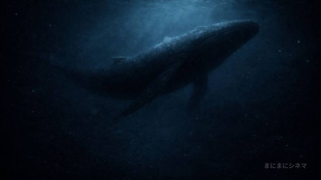 暗い海の中に、かすかに輪郭だけが浮かぶクジラのシルエット（AI生成のオリジナル画像）