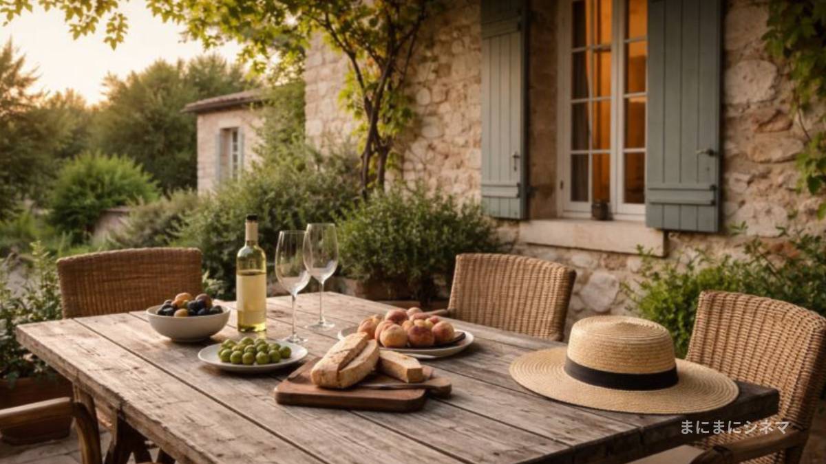 南フランス・プロヴァンス地方の石造りの家と中庭の風景。静かな夏の午後の光が差し込んでいる