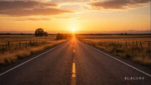 夕暮れの一本道が地平線へと続く風景｜映画『ウォーク。ライド。ロデオ。』イメージ