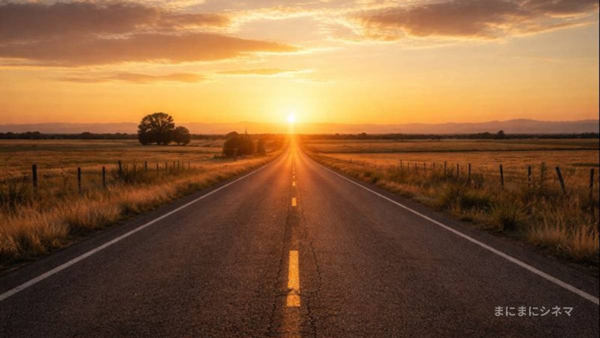 夕暮れの一本道が地平線へと続く風景｜映画『ウォーク。ライド。ロデオ。』イメージ